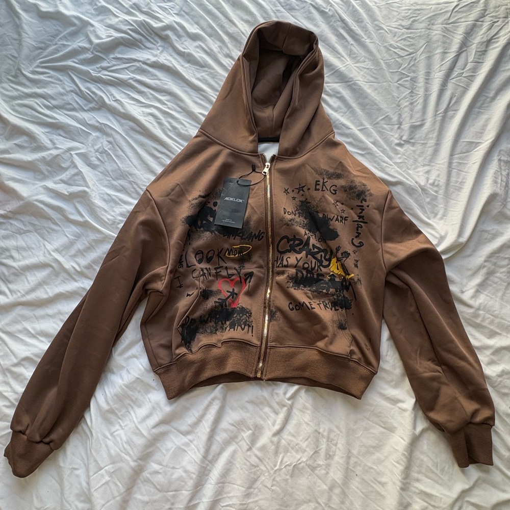 Brown Graphic Zip-Up Hoodie